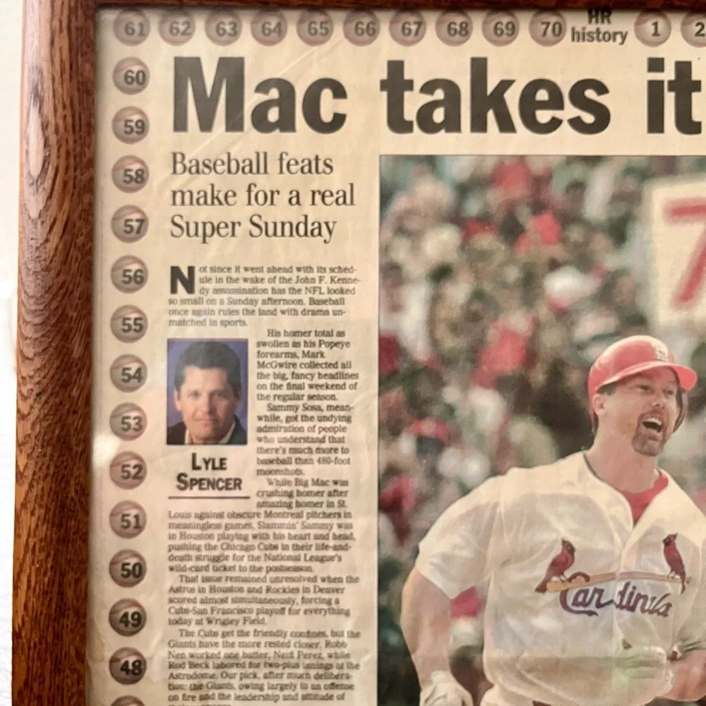 Framed Baseball Newspaper Article in Brown Frame Mark McGuire 13/16 inch